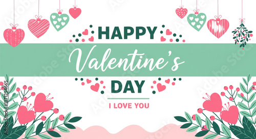 Happy Valentine's Day Banner with Hearts and Flowers, Romantic Greeting, Love Celebration, Digital Marketing, Social Media