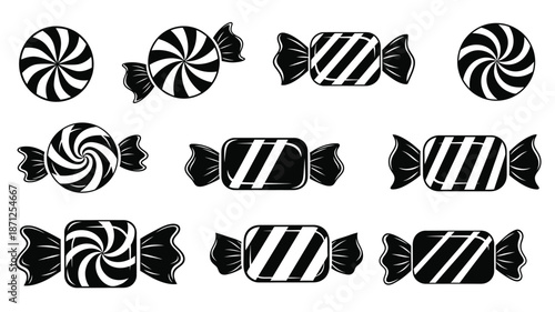 Black and white striped hard candies in a repeating pattern silhouette