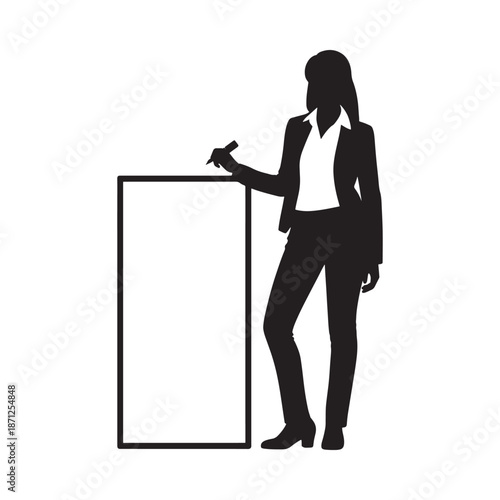 Silhouette of a businesswoman presenting at a blank rectangular display