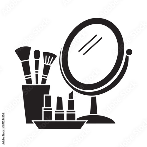 Makeup essentials a mirror brushes and lipsticks in a simple black outline
