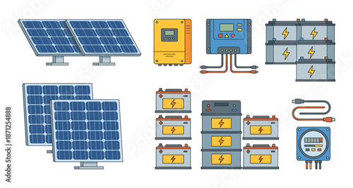 Solar energy system components generating clean electricity icons