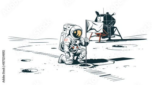 An astronaut kneels on the moon's surface planting a flag near a lunar module