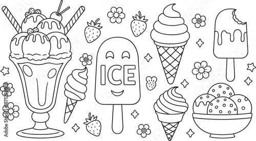 Cute ice cream and dessert coloring page featuring cones, sundaes, popsicles, strawberries, flowers, and fun outlined sweet treats