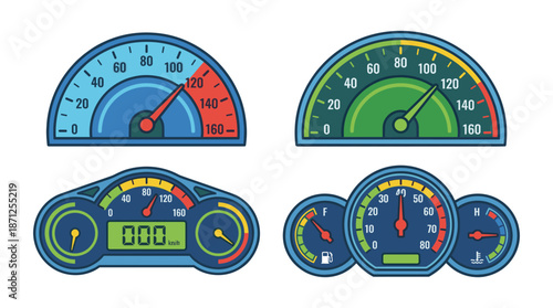 Car dashboard speedometer and gauge icons set