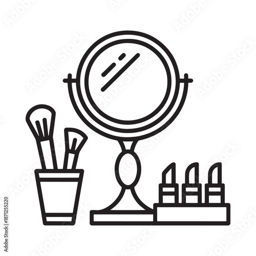 Vanity setup with a round mirror makeup brushes and cosmetic products