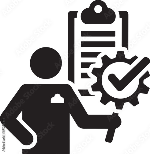 Person holding clipboard with checklist and gear icon, success, approval, quality control, Quality control expert icon with clipboard, gear, and checkmark for business audit