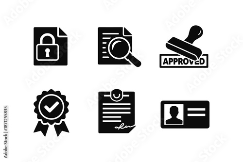 Essential business icons set: security, verification, approval, certification, identification