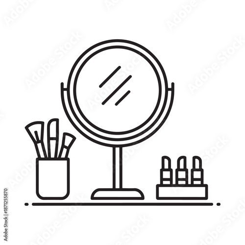 Cosmetic mirror with makeup brushes and beauty products line art illustration