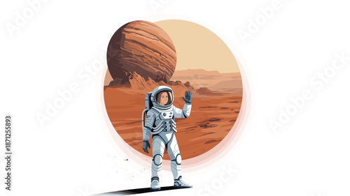 An astronaut in a white spacesuit waves in front of a Martian landscape with a large planet in the background.