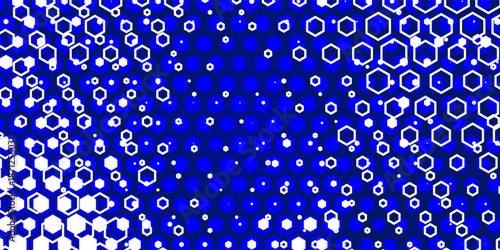 Blue White Hexagon Background Glowing Honeycomb Pattern for AI, Tech Forum, Science Medical Conference, Digital Startup Ad. Hexagonal Modern Texture. Halftone Gradient Backdrop. Vector Abstract BG