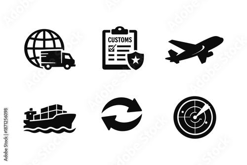 Global shipping and logistics icons: plane, ship, truck, customs, radar, and arrows