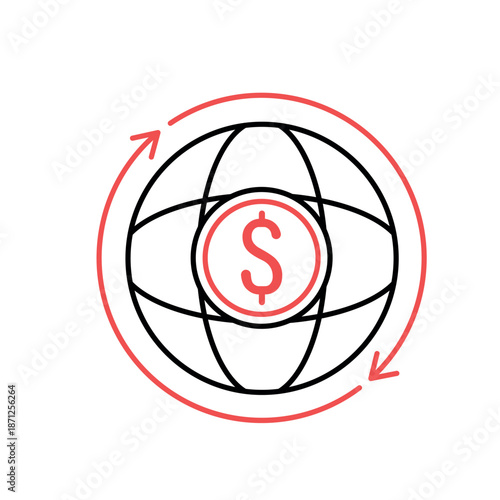 Icon a International world globe dollar sign exchange currency market, isolated against a clean background.