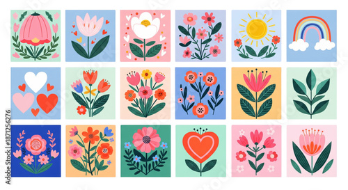 Happy Cute Folk Art Floral Botanical Graphic Designs for Spring Web, Social Media, Branding, Crafts