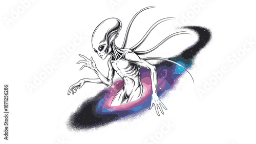 A vector graphic illustration of an alien creature in a dynamic pose with a colorful background