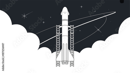 A minimalist vector illustration of a rocket ship launching into a starry night sky