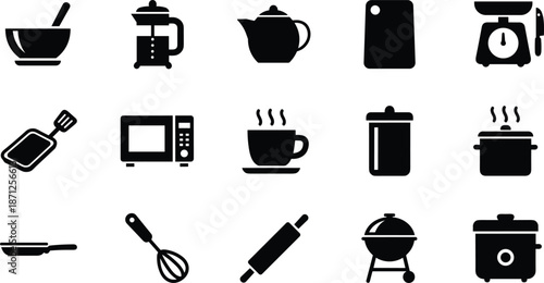 Set of kitchen appliances and cooking tool icons in solid black style for culinary and household concepts.