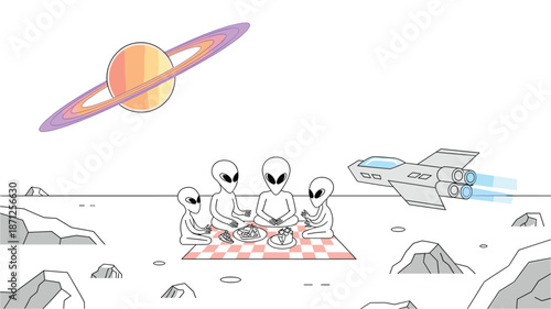 A group of aliens having a picnic on a distant planet with a spaceship nearby
