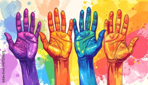 Colorful hands reaching out in unity and diversity concept.