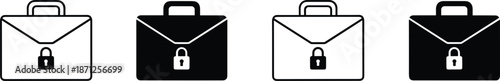 Secure business briefcase icons with padlock symbols in outline and solid black styles for professional data protection.
