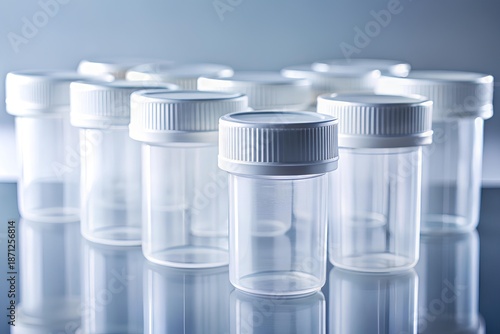 Transparent specimen containers with white lids arranged on a reflective surface, representing sterile medical sample collection and laboratory diagnostic procedures