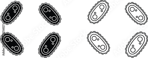 Set of bacteria and microorganism icons in solid black and outline styles for biology, science, and medical research.