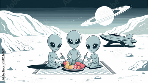A vector illustration of three aliens having a picnic on a distant planet with a spaceship nearby.