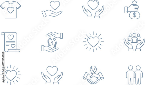 Charity and donation icons set featuring hearts, helping hands, and social support symbols in thin line vector style.