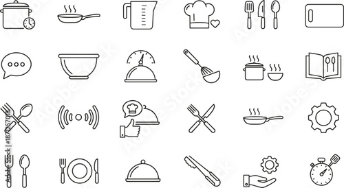 Set of kitchen utensils and restaurant service icons in thin line style featuring cookware cutlery and chef symbols.