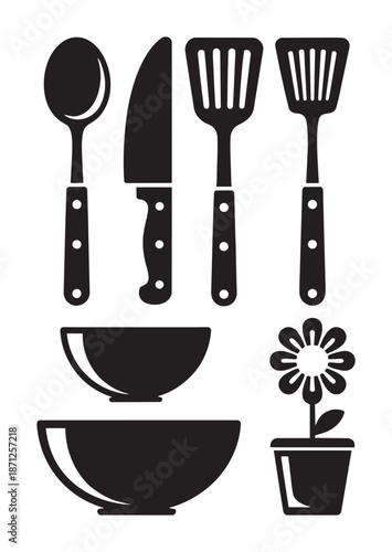 Black silhouette kitchen utensils and bowls with potted flower