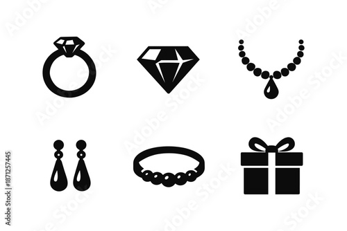Elegant jewelry icons set: rings, diamonds, necklaces, earrings, bracelets, gifts
