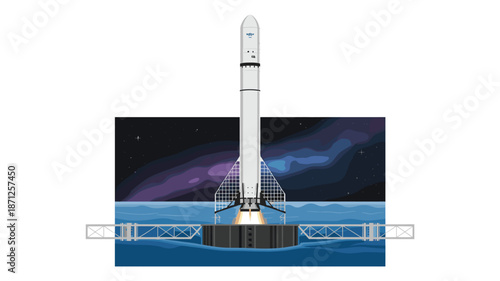 A vector graphic illustration of a rocket launching into space at night
