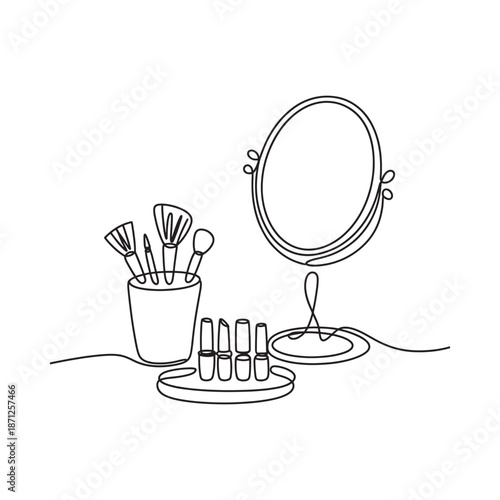 A minimalist line drawing of makeup brushes cosmetics and a vanity mirror