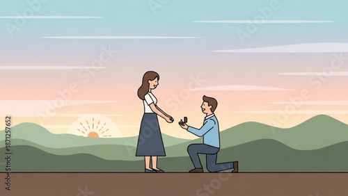 Man Proposing to Woman on One Knee during Sunset in Mountains