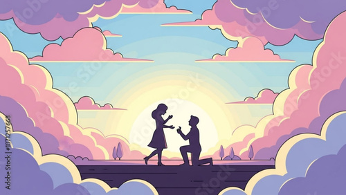 Man Proposing to Woman on One Knee against Sunset Silhouette