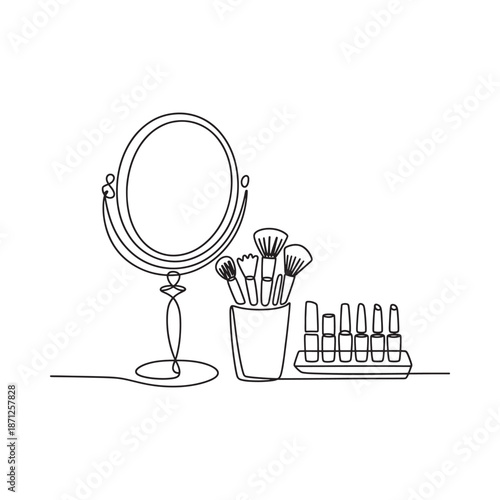 Minimalist line art of a vanity mirror makeup brushes and cosmetics