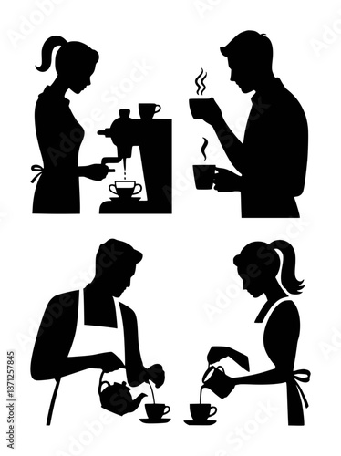 Black silhouettes of people serving and drinking coffee
