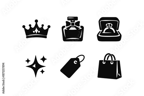 Elegant icons: crown, perfume, diamond, sparkles, tag, shopping bag in silhouette style