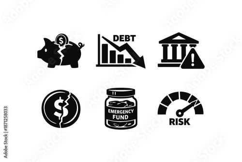 Financial crisis icons: debt, risk, and emergency fund in black and white silhouette style