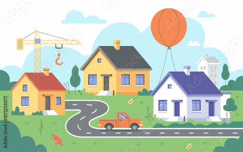 A colorful illustration of a suburban neighborhood with houses, car, and construction