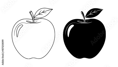 Black and white line art illustration of two apples with leaves on a plain background for graphic design and digital art with fruit and healthy eating with food