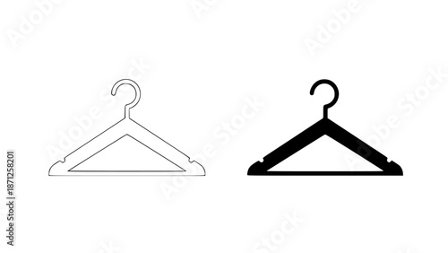 Two clothing hangers one black and one outline on white background for fashion and organization concepts with wardrobe and style and graphic with resource