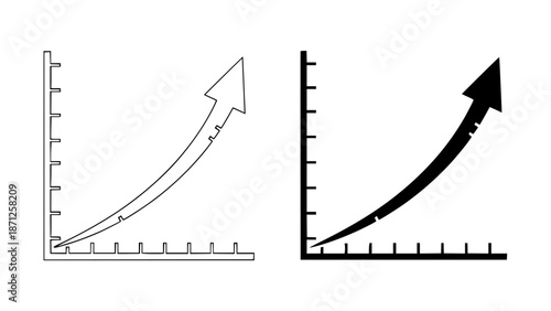 Two black and white line graphs with arrows showing growth and increase on a white background for business and finance concepts with statistics with progress