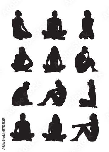 Black silhouettes of people sitting in various positions white