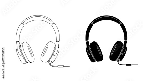 A detailed illustration of two pairs of wired headphones in black and white line art on a clean white background for graphic design and music concepts with dj