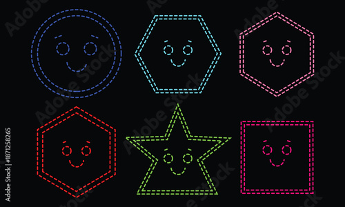 Kindergarten Learning Doodle Elements in black background,Set of six colorful embroidery outline shapes including a circle star hexagon and square featuring cute faces