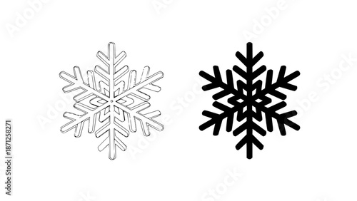 Two snowflakes in black and white on a plain background for winter designs and seasonal themes with graphic and icon and symbol and pattern and ornate with cold