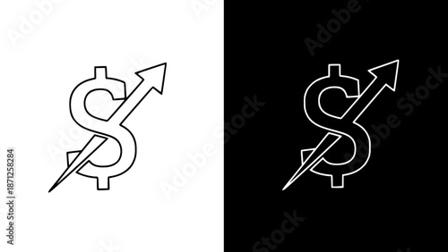 Financial growth and investment concept with dollar sign and arrow pointing upwards on white and black background with business and economy and finance