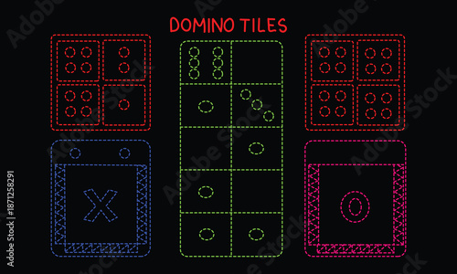 Kindergarten Learning Doodle Elements in black background,Detailed illustration showcasing various colorful electronic domino tiles and game pieces against a solid dark background