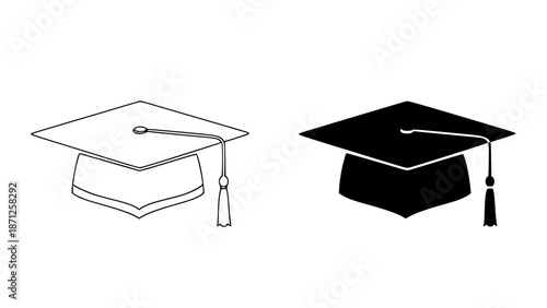 Graduation caps in line art and solid black icon styles for education and academic achievement concepts with school and university and college and grad