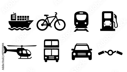 Collection of black silhouette transportation icons including maritime vessels, land vehicles, aerial transport, and fueling station graphics illustrating diverse modes of travel and logistics